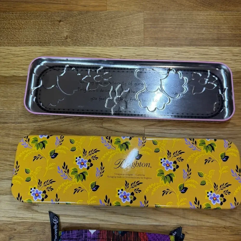 Brighton Watch Tin Empty Pouch Pencil Jewelry Gift Box Pink Bird Yellow Storage